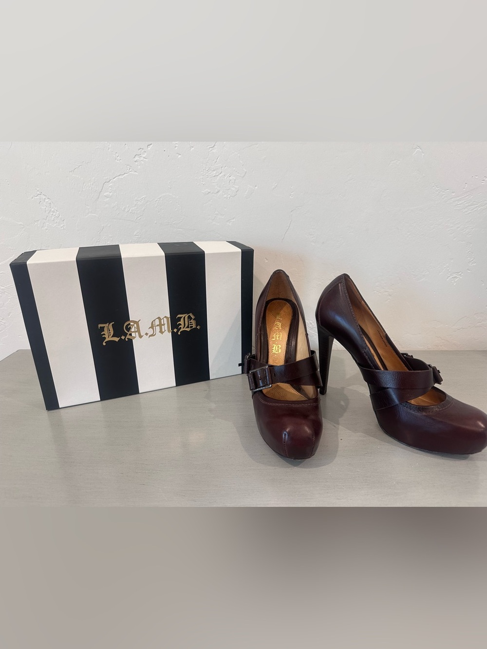 L.A.M.B. Women's Dark Brown Leather Mary Jane Heels with Box